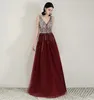 Feestjurken Burgundy prom avond 2024 V-hals tule jurk A-lijn glanzende backless vestido de festa