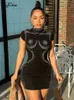 HugCitar Shine pailled Black Short Sleeve Elegant Sexy Bodycon Mini Robe Prom Summer Women Fashion Tenfit Party Club 240509