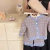 Clothing Sets Girl Long Sleeves Spring Autumn For Kids Single Breasted Blue Plaid Sweater Coat Sling Overalls Knitwear Top