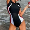 Women's Swimwear Women Swimming Suit One Piece Beach Bodysuit Short Sleeves Vintage Ladies Surfing
