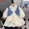Girl Dresses Girl Girl Corean Spring Autumn Dress 2024 Beige Princess Blue Denim Set Bambiestri per bambini