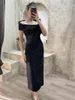 Party Dresses Modern Black Evening 2024 Off Shoulder Prom Gowns Mid Calf Length Wedding Short Back Slit Simple On Sale