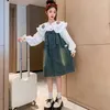 Clothing Sets Korean Spring Autumn Children Girl 2pcs Clothes Set Junior Flower Lapel Long Sleeve Tops Denim Suspender Skirt For