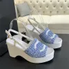 2024 High quality Ankle Strap High Heels Wedge Sandals famous brand Thick Bottom Women Summer Open Toe Platform Wooden sole Sandals Weave Cross Band Chunky Heeled