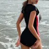 Women's Swimwear Women Swimming Suit One Piece Beach Bodysuit Short Sleeves Vintage Ladies Surfing