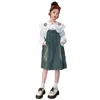 Clothing Sets Korean Spring Autumn Children Girl 2pcs Clothes Set Junior Flower Lapel Long Sleeve Tops Denim Suspender Skirt For