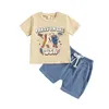 Kledingsets Visgogo Toddler Boy 4e van Julty Outfit Letter Cartoon Print Round Neck T-shirt met korte mouwen met effen kleuren shorts