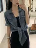 Women's Blouses & Shirts designer High end MIU Home American Lazy Leisure Light and Thin Small Letter Embroidered Lace up Denim Shirt 99N1