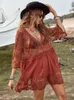 Femmes plage Wearshinling DP V Neck Boho Beach Outting Shr Sexy Lace Tunnic Pareo Swimwwear Summer Vintage Robe Hobe Holiday Cover Up Up 2023 T240508