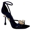 Kleiderschuhe Golden Orchideen Französisch Stiletto Heels Bankett Riemchen offene Quadratzehen Sandalen Schwarze Frauen Sandalias Mujer Verano