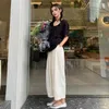 Calça feminina feminina feminina elástica casual de cintura larga as calças de perna larga com bolsos de cor sólida lazer de trabalho de verão longo
