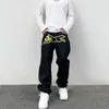 Jeans masculinos Hip Hop Flying Dog Print Mens High Street Straight Loose Pants pernas longas moda moda y2k luxuros de luxo q240509