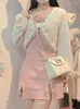 Robes de travail tricotées kawaii lolita deux pièces set femmes japonais mignon robe douce costume femelle coréen rose rose manche à manches longues 2024