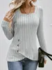 Kvinnors T-skjortor Square Neck Solid Ribbed Button Decort-Shirt Casual Long Sleeve Top för Spring Fall Clothing