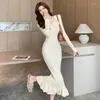 Casual Dresses Korean Chic Gentle Sweet Girl Sticked Long Dress Autumn Winter Y2K Ruffled Maxi For Women Plus Size Slim BodyCon