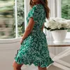 Boho Blumendruck Rüschen Frauen Kleider Sommer sexy v Hals Kurzarm eine Linie Chiffon Mini Kleider Strand Urlaub Sunddress 240507