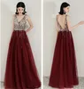 Feestjurken Burgundy prom avond 2024 V-hals tule jurk A-lijn glanzende backless vestido de festa