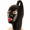 Masker svart latex huva med svart hästsvans peruk tillbaka dragkedja gummimask cosplay party slitage dräkt
