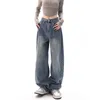 Kvinnors byxor capris koreanska mode y2k retro breda ben hög midja rak gata kläder blå jeans kvinnor fick denim byxor q240508