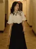 Arbeitskleider Sweetxue Mode Retro Elegante Laternenhemd Shirt High Taille A-Line-Rock 2-teiliges Set mit Seidenschal Ladies Outfit 2024