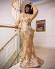 2024 FullLace Plus Tamanho Vestidos de baile de ouro para ocasiões especiais Promdress ilusão Alta Mangas compridas Vestido de aniversário de renda Second Recepção Vestido AM867