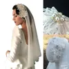 Bridal Veils 2 Tier Vintage Women Wedding Veil Lace Applique Pearl Rhinstens Flower met vaste alligator clips Hoop 243i