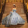 Ciel bleu quinceanera robes de bal 3d fleurs paillettes sweet 15 robes de fête étincelles robe de balle de bal robe de concours de filles juniors