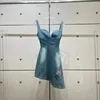 Lässige Kleider Sommermodeblau -Diamanten gepresstes Waschwasser Jeans Jeans Mini Kleid für Frauen hohe Qualität
