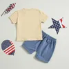 Kledingsets Visgogo Toddler Boy 4e van Julty Outfit Letter Cartoon Print Round Neck T-shirt met korte mouwen met effen kleuren shorts