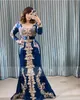 Elegant marockansk kaftan aftonklänning formella festklänningar blå spetsapplikationer algeriska dubai islamiska muslimska sjöjungfrun prom klänningar långa ärmar 0509
