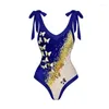 Damskie stroje kąpielowe 2024 One Piece Swimsuit for Women Blue Print Boting Bikini Suit Pasek plażowy z szyfonową długą spódnicą