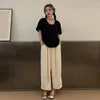 Calça feminina feminina feminina elástica casual de cintura larga as calças de perna larga com bolsos de cor sólida lazer de trabalho de verão longo