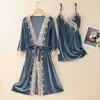 Women's Robe Womens Autumn Winter Velvet Nightgown Lace Home Clothes Loose Casual Nightwear Two Piece Sexy Spaghetti Strap Nighty robe Set