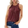 Tanks féminins 2024 Été européen et Américain Couleur solide Sexy Micro Elastic Sequin Hanging Neck Tob Top Suspender