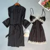 Kadınlar Robe Robe Set Sıradan Satin Nightgown Kadın Pleavwear 2pcs Nightwear Kimono Elbise Dantel Loungewear ile Yeni Samimi İç Çamaşırı