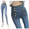 Jeans femininos Mulheres de peito duplo de peito magro de cintura chique de design de jeapis de jeapis de moda de moda de calça apertada