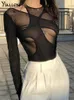 Yiallen sexig chic ihålig mesh kvinnor bodysuit långärmad o nacke mager stretch flerskikt lady streetwear y2k bodycon topps 240423