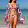 Dames badmode rode print 2-delige zwempak voor vrouwen lange mouw cover-ups Tassel strips bikini lage taille string