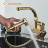 Senlesen Luxury Kitchen Faucet Golden Brass Brase Sink Tap Deckマウントプルアウトスプレー鉛スパウトコールドウォーターミキサークレーン240508