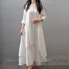 Kadınlar Zarif Keten Beyaz Elbiseler Bohemia Katmanlama Vintage Robe Uzun Kollu Gevşek Elbise Kadın Sonbahar Vestidos 240426