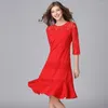 Abiti per feste Taoyizhuai 2024 Arrivo Spring Casual Style O-Neck Mermaid Stretch Plus size Rosse Grow Out Women Lace Abito 16028