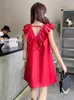 Casual Dresses Women Fashion Ruffles V Neck Genuine Leather Dress Knee Length A Line Mid Red Vintage Lady Spring Sleeveless Tank