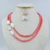 Necklace Earrings Set 2 Rows 7mm Natural Coral Baroque Pearl Giving Women The Most Beautiful Gift 18-20 "