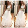2023 White Two Piece Prom Dresses Beaded Halter Tiered Kjol Tulle Organza Ruffles Custom Made Evening Party Gown Formal OCN Wear 0509