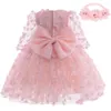 Flickans klänningar Baby Girl Dress Newborn Girl Long Seced Lace Party Dress Big Bow Baby Girl First Birthday Princess Dressl2405