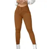 Dames broek elastische leggings stijlvolle hoge taille slanke pasvorm voor vrouwen solide kleur lang met knop ingepakt ontwerp a