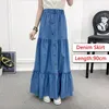 Skirts Spring Summer Casual High Waisted Washed Loose Long Cake Jeans 90cm Length Denim Tiered Maxi Skirt B0N117N