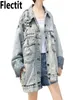 Flectit Korean Style surdimensionné Boyfriend Denim Veste pour femmes graphiques Utilisé en jean lavé à manches longues Veste Veste en jean manteau7899321