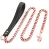 11mm/15mm Rose Gold Tone Stainless Steel Cuban Link Chain Dog Leash with Leather Handle Dog Chain Leash 3FT/4FT/5FT