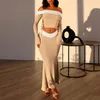 Work Dresses 2024 Color Block Patchwork Knitted 2 Piece Set Women Sexy Off The Shoulder Lace Up Top Long Skirts SkinnClub Party Outfits